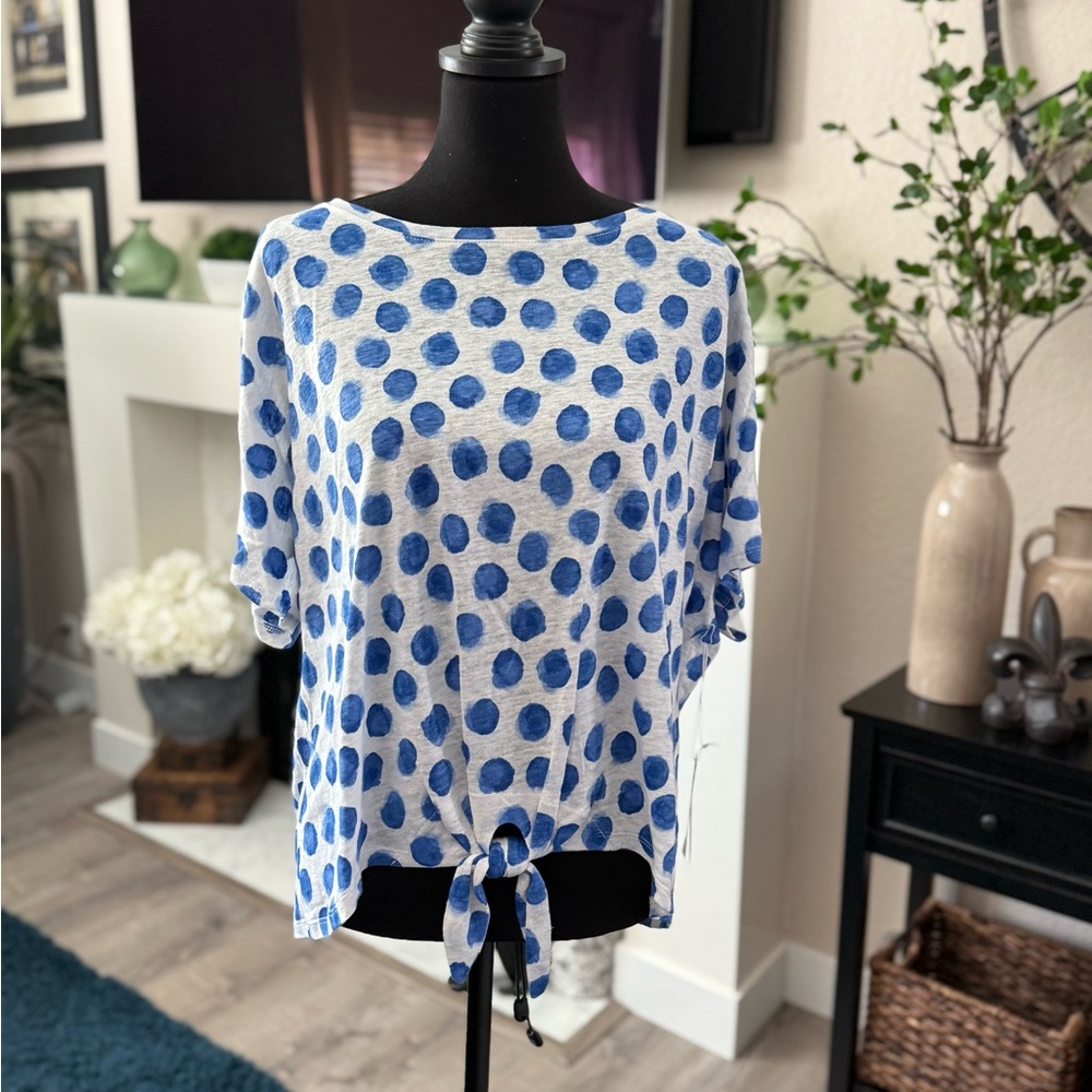 NWT Chico's Linen Blue Dots Front Tie, Short Sleeve in Poolside Blue